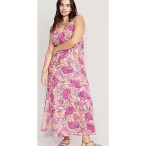 Old Navy Women’s XL Peach Floral Tie-Back Maxi Dress Summer Slip Spaghetti Strap